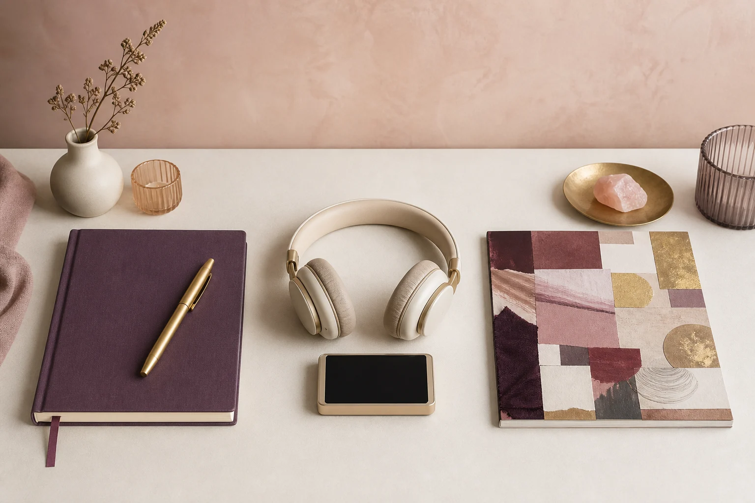 A journal, headphones, and abstract vision board arranged for an app comparison