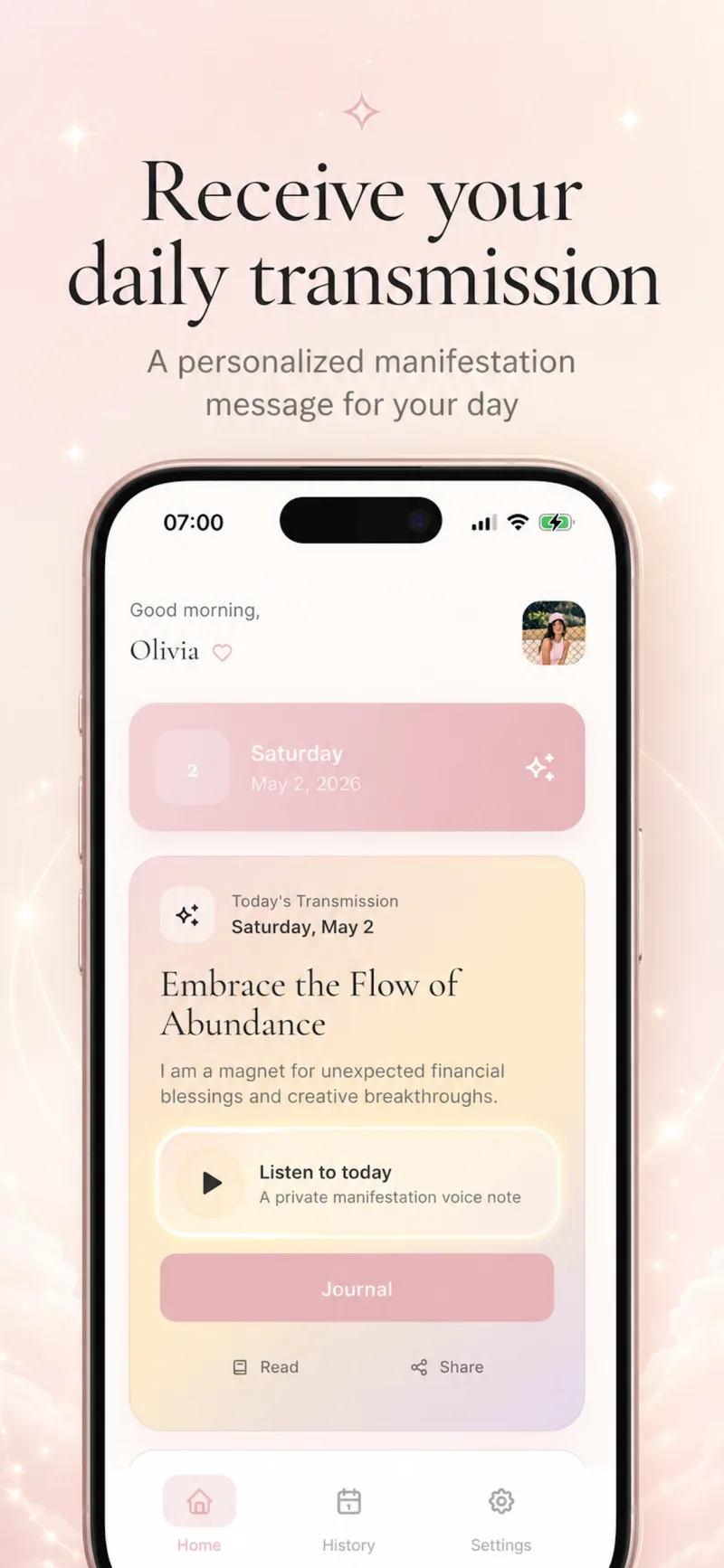 Lumina app showing a daily manifestation transmission on iPhone
