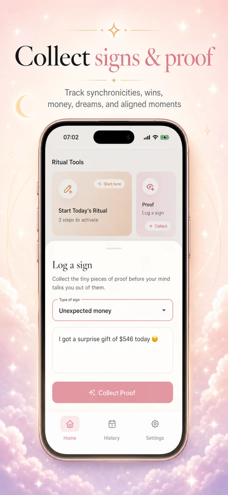 Lumina Signs and Proof screen for logging a synchronicity